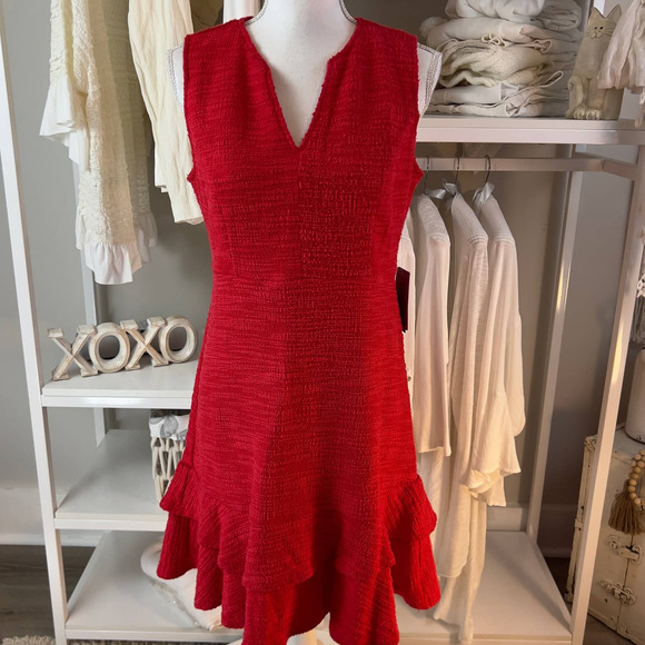 Sharagano Dresses & Skirts - Sharagano women's sz. 8P, Tweed red dress flutter hem, sexy form fitting #1861